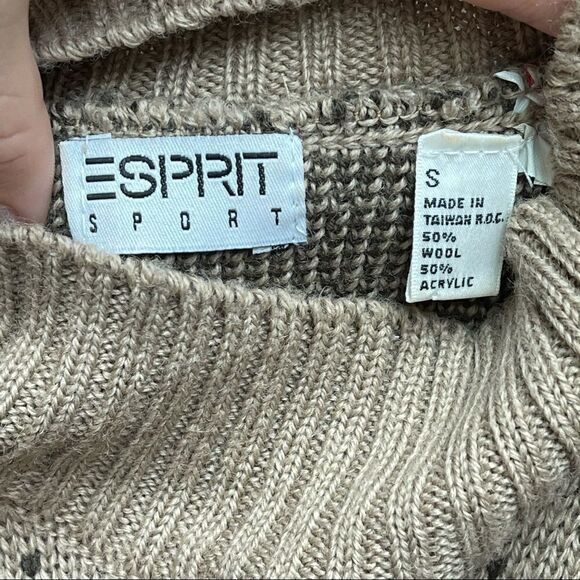 Vintage Women’s Espirt Tan Green Wool Blend Bird Mock Neck Sweater Sz S - Picture 8 of 8